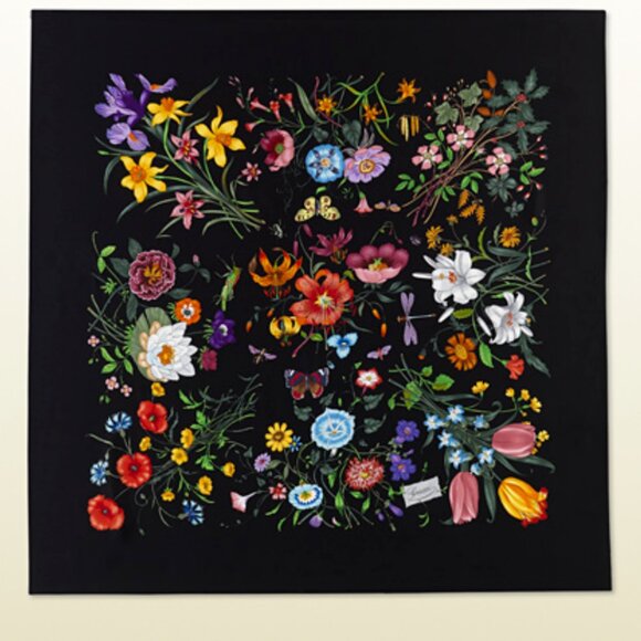 Display #1 Unisex Gucci Scarf Flora Print Logo Black Multicolor Silk Wrap - Picture 15 of 16